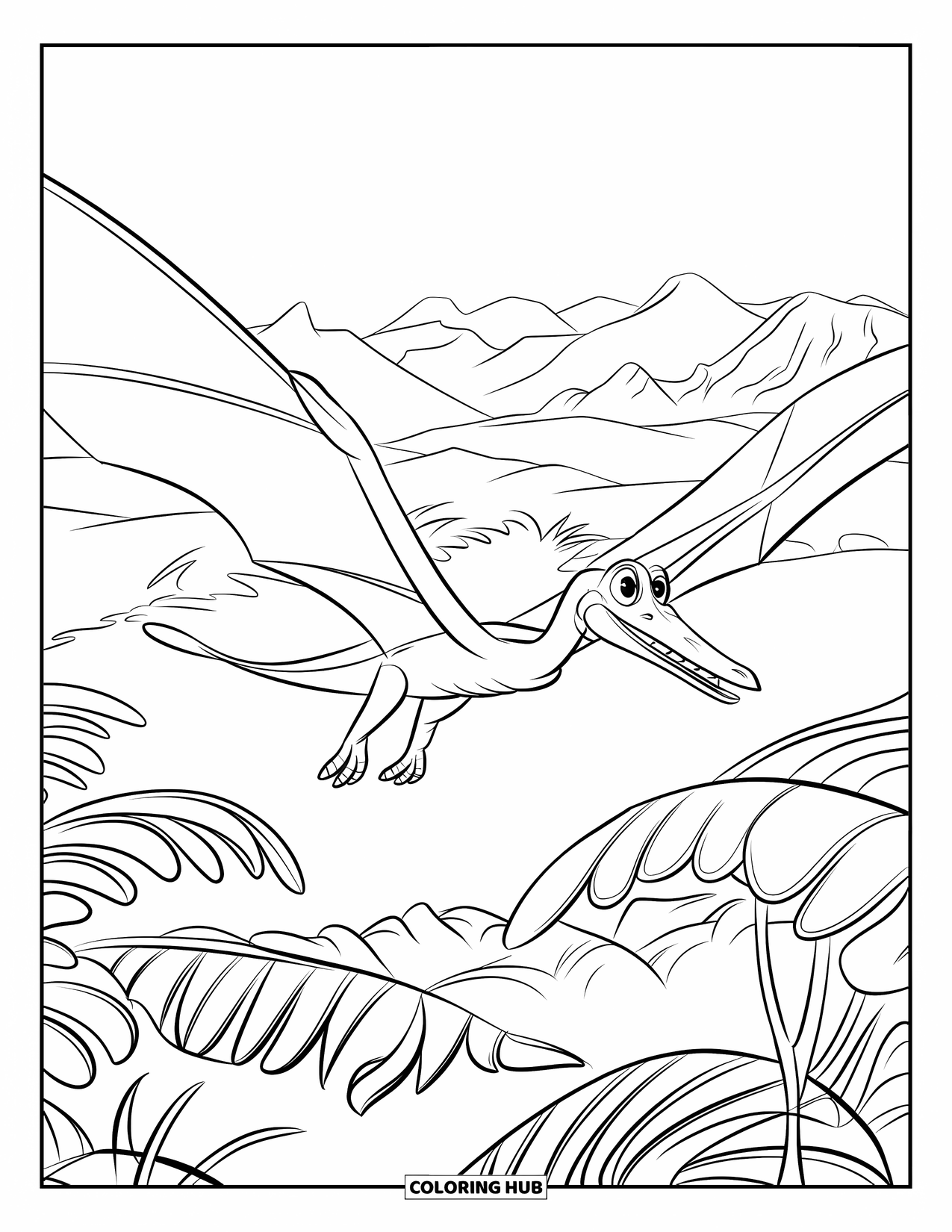 Pterodactyl Coloring Page for Kids: Pterodactyl flies above a prehistoric jungle filled with ferns and distant mountains