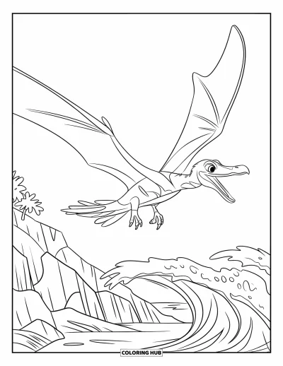 Coloriage de ptérosaure pour enfants : Un ptérosaure vole au-dessus de vagues déferlanles et de falaises océaniques déchiquetées