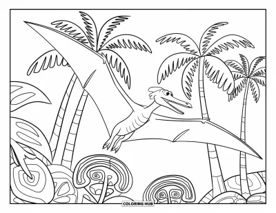 Coloriage de ptérosaure pour enfants : Un ptérosaure s'élève au-dessus de plantes en spirale et de hauts palmiers