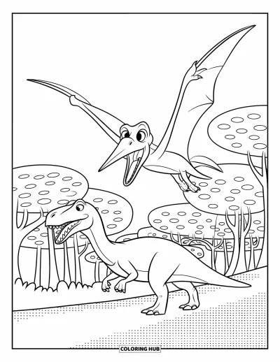 Coloriage de ptérosaure pour enfants : Un ptérosaure vole la gueule ouverte au-dessus d'un dinosaure entouré d'arbres parsemés de points