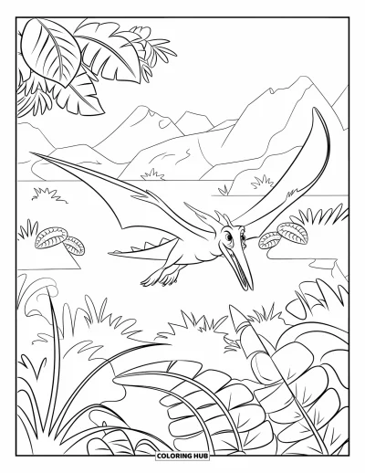 Coloriage de ptérosaure pour enfants : Un ptérosaure plane au-dessus de plantes feuillues et de montagnes avec des contours nets et marqués