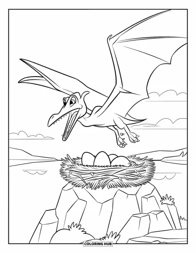 Coloriage de ptérosaure pour enfants : Un ptérosaure plane la gueule ouverte au-dessus d'un nid sur une falaise au bord de l'eau