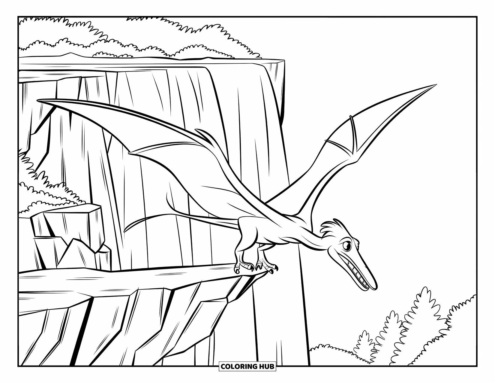 Pterodactyl Coloring Page for Kids: Pterodactyl landing on a jagged cliff beside a tall, cascading waterfall