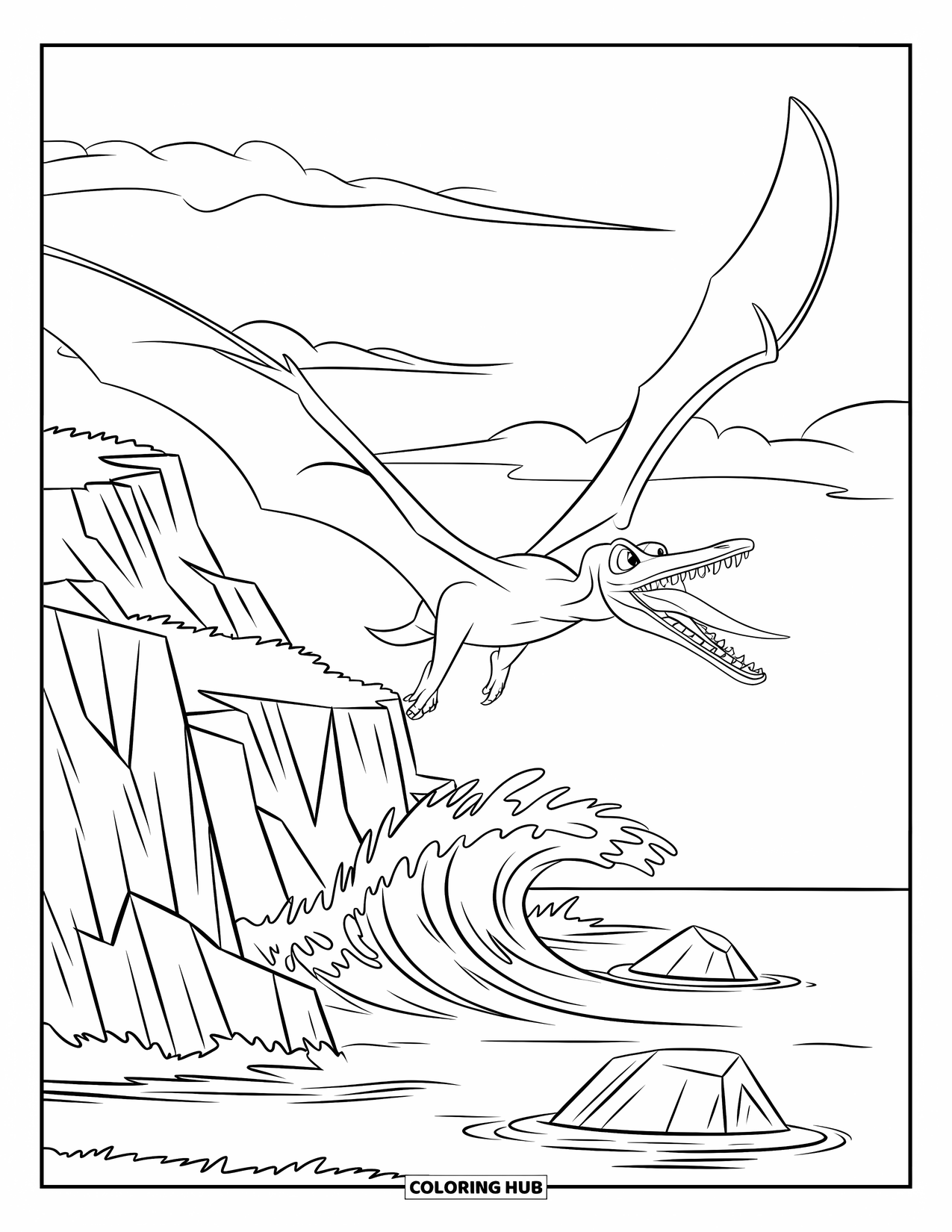 Pterodactyl Coloring Page for Kids: Pterodactyl mid-flight over sea cliffs, wings stretched and mouth open
