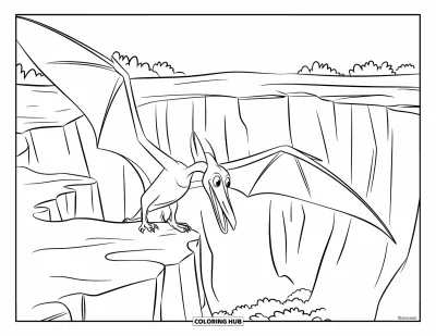 Coloriage de ptérosaure pour enfants : Un ptérosaure perché au bord d'un canyon, regardant les profondeurs rocheuses en contrebas