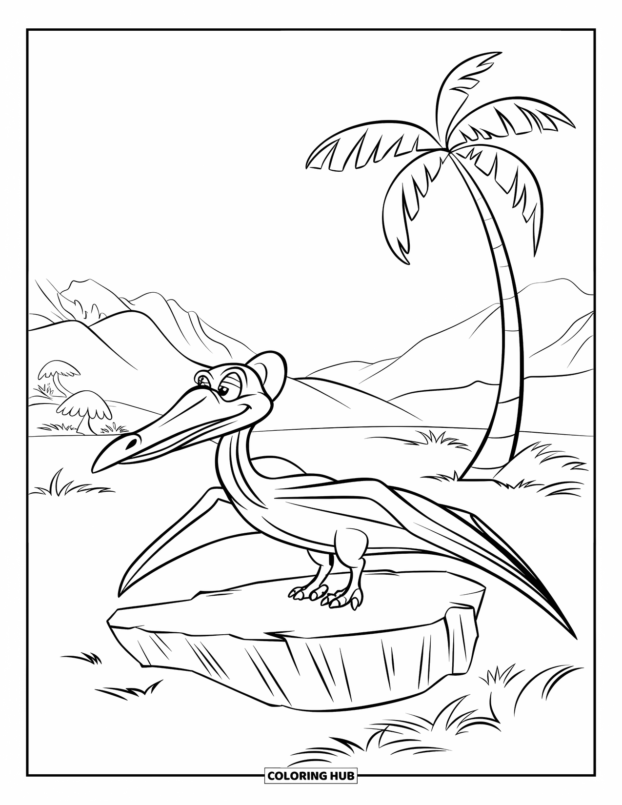 Pterodactyl Coloring Page for Kids: Pterodactyl sits on a rock near a palm with mountains and sky in the background