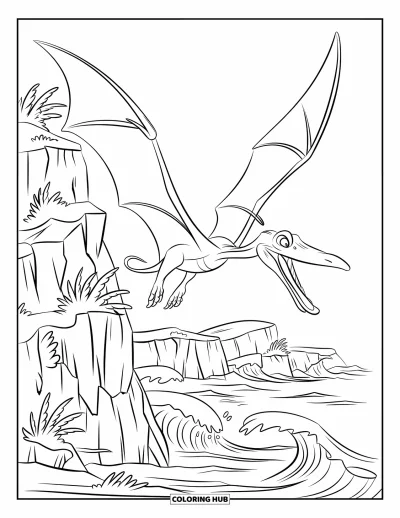 Coloriage de ptérosaure pour enfants : Un ptérosaure s'élève au-dessus de falaises rocheuses tandis que des vagues s'écrasent en contrebas