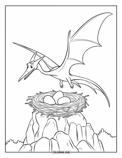 Coloriage de ptérosaure pour enfants : Un ptérosaure déploie ses ailes au-dessus d'un nid perché sur un rebord rocheux
