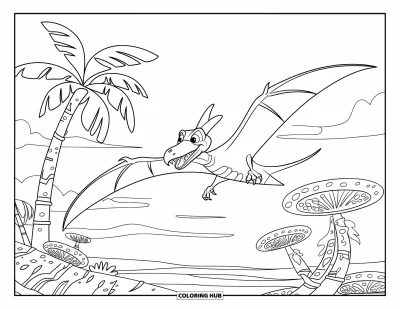 Coloriage de ptérosaure pour enfants : Un ptérosaure au bec acéré vole au-dessus de palmiers et de plantes aux tiges épaisses