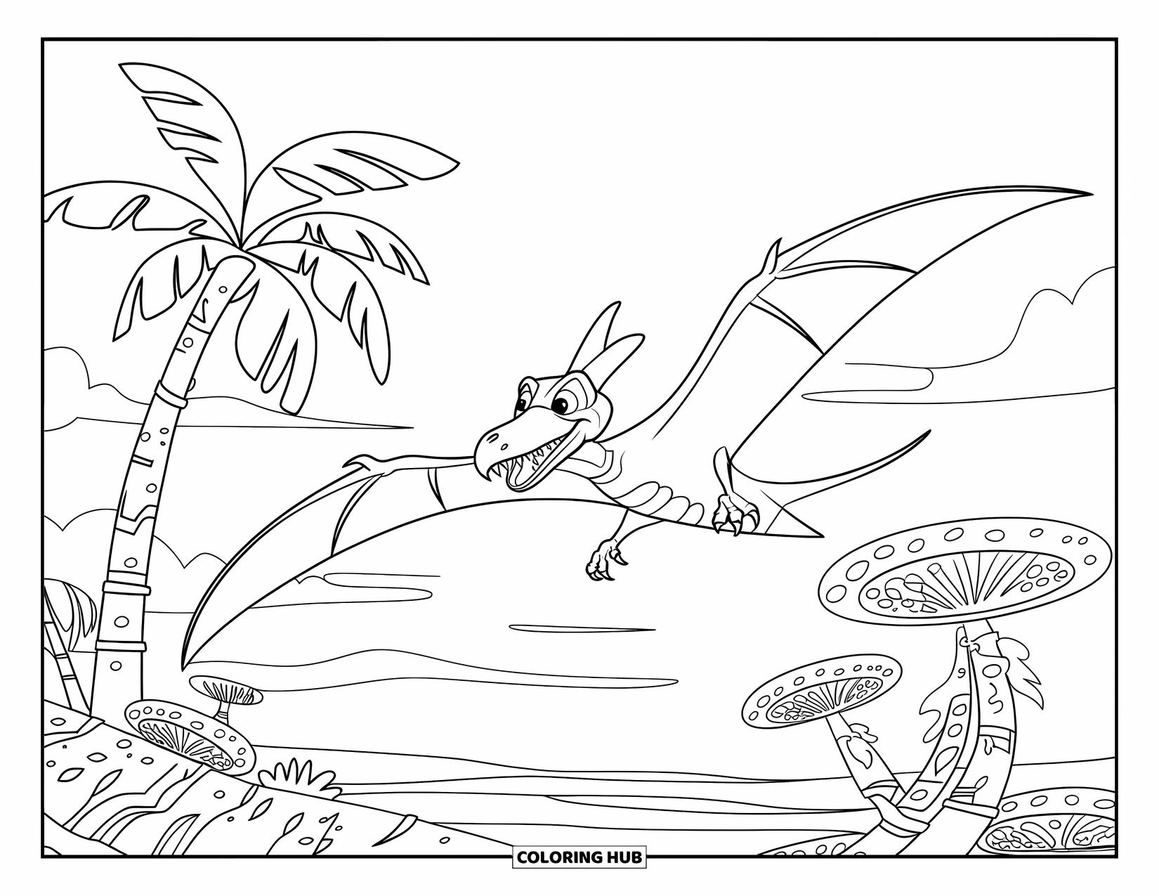 Pterodactyl Coloring Page for Kids: Pterodactyl with sharp beak flies over palms and thick-stemmed plants