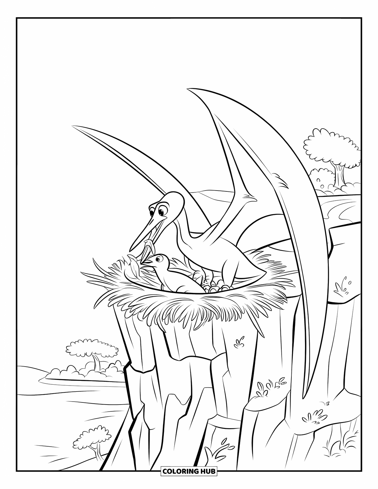 Pterodactyl Coloring Page for Kids: Pterodactyl with wings open feeds baby in a nest near water and trees