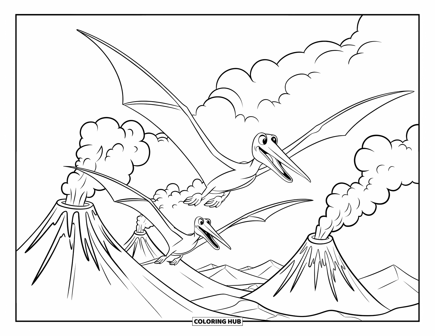 Pterodactyl Coloring Page for Kids: Pterodactyls fly together over volcanoes with ash and lava clouds
