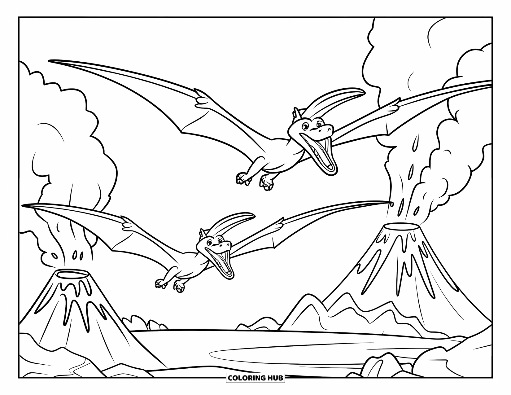 Pterodactyl Coloring Page for Kids: Pterodactyls with bared teeth glide over erupting lava-spewing volcanoes