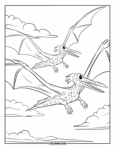 Coloriage de ptérosaure pour enfants : Des ptérosaures aux dents acérées traversent des nuages dans un vaste ciel dégagé