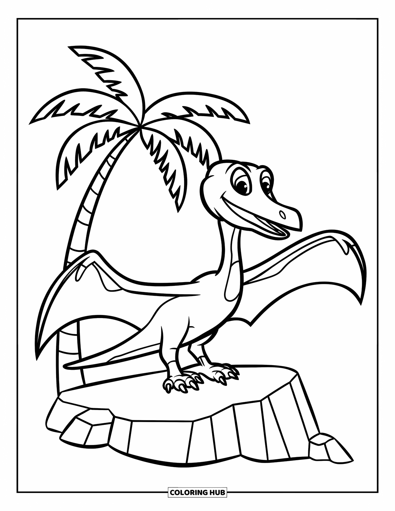 Pterodactyl Coloring Page for Kids: Simple pterodactyl perches on a flat rock with a palm tree behind