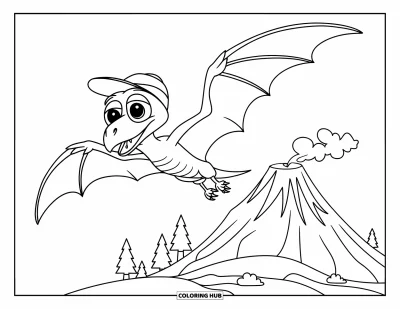 Coloriage de ptérosaure pour enfants : Un ptérosaure souriant aux grands yeux plane au-dessus d'un volcan et de quelques petits arbres