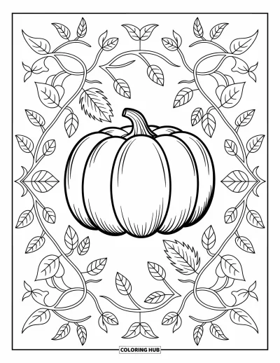 Coloriage de champs de citrouilles pour adultes : Une grande citrouille entourée de feuilles tourbillonnantes dans une composition de mandala calme et élégante