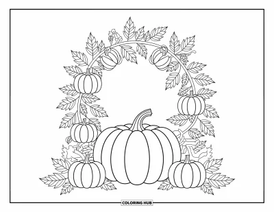 Coloriage de champs de citrouilles pour adultes : Une grande citrouille sous une arche de feuilles entrelacées et de courges aux détails délicats