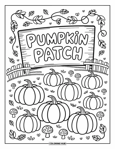 Coloriage de champs de citrouilles pour adultes : Un panneau "Pumpkin Patch" en lettres rondes au milieu d'un champs de citrouilles et de lianes sinueuses