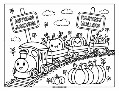 Coloriage de champs de citrouilles pour adultes : Un train de citrouilles joyeux passe devant les panneaux "Autumn Junction" et "Harvest Hollow"