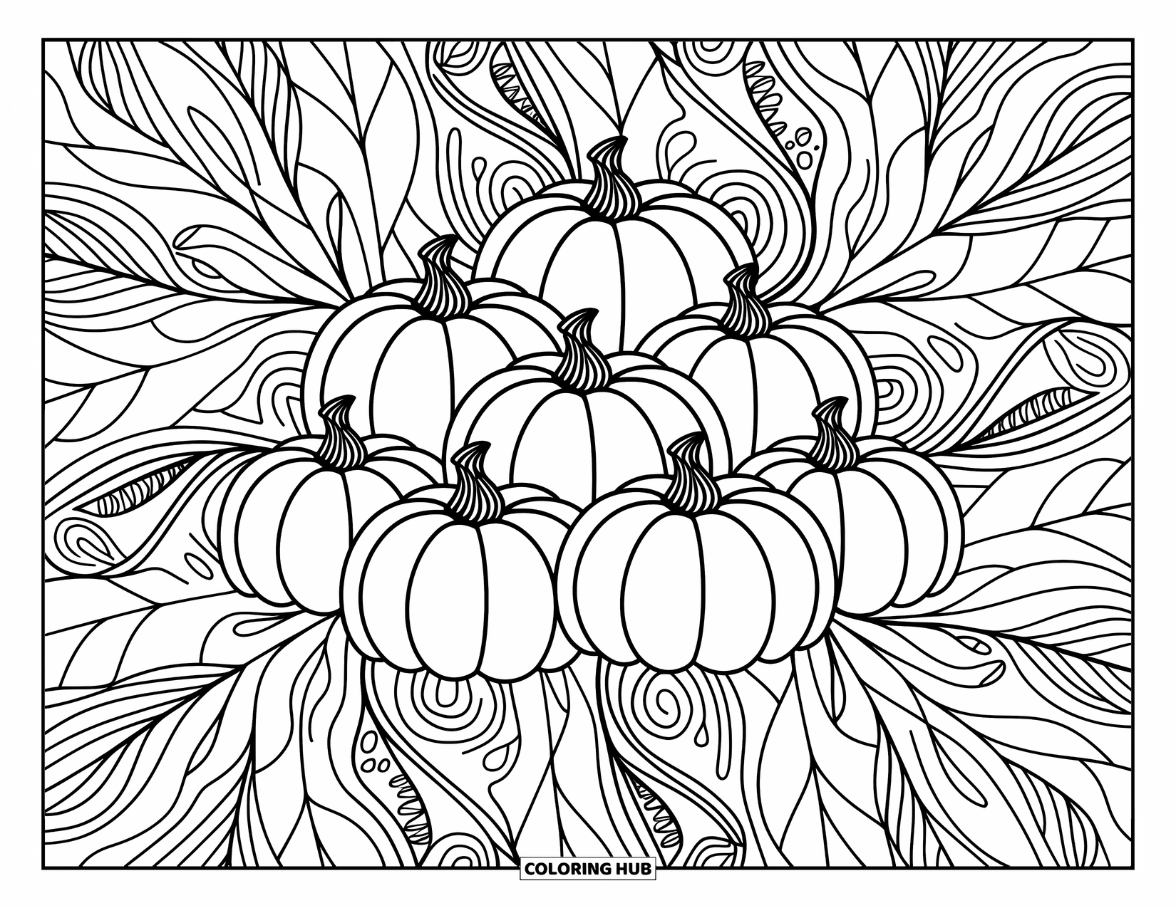 Pumpkin Patch Coloring Page for Adults: A cluster of pumpkins sits in the middle of swirling oak leaves and patterned mandalas