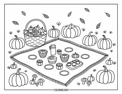 Coloriage de champs de citrouilles pour adultes : Une couverture de pique-nique douillette entourée de citrouilles, de collations et de feuilles automnales tourbillonnantes