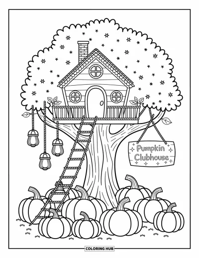Coloriage de champs de citrouilles pour adultes : Une cabane dans les arbres avec des lanternes donne sur un champs rempli de citrouilles et de lianes