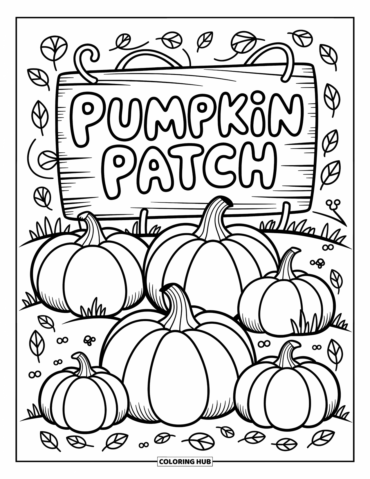 Pumpkin Patch Coloring Page for Adults: A curvy sign marks a pumpkin patch filled with pumpkins, vines, and mushrooms