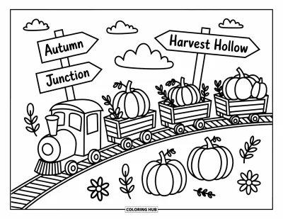 Coloriage de champs de citrouilles pour adultes : Un petit train traverse un champs de citrouilles rempli de courges et de lianes feuillues