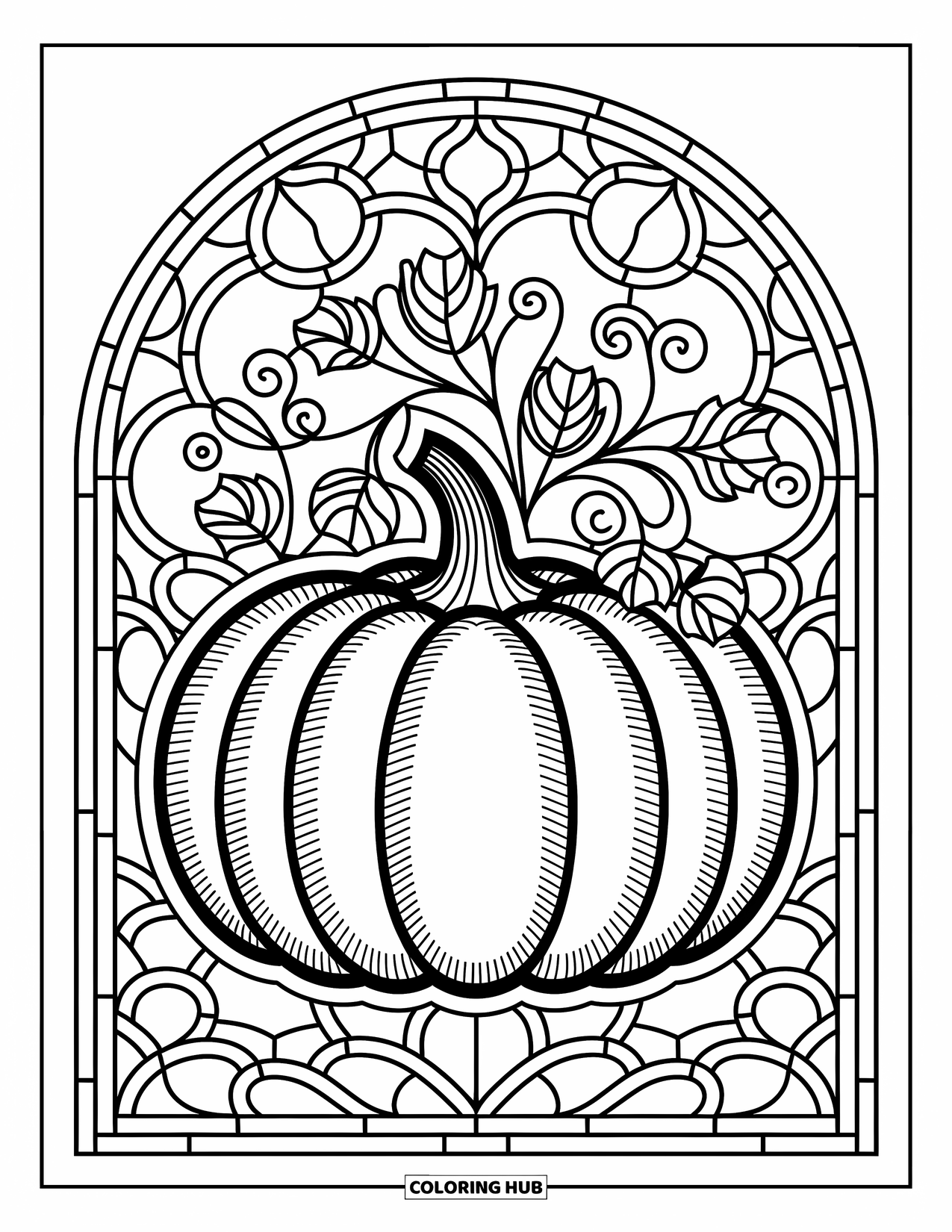 Pumpkin Patch Coloring Page for Adults: A decorated pumpkin sits inside a stained glass frame with swirls and leafy flourishes