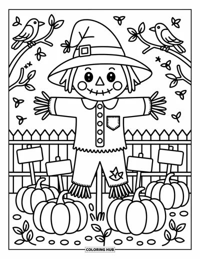 Coloriage de champs de citrouilles pour adultes : Un épouvantail coiffé d'un chapeau mou au milieu de citrouilles, de panneaux et de petits corbeaux farceurs