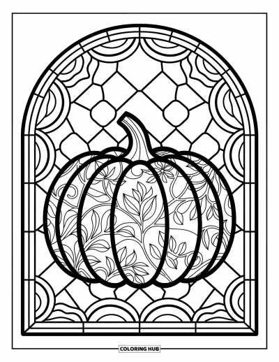 Coloriage de champs de citrouilles pour adultes : Une citrouille ornée de motifs floraux dans un cadre vitrail avec des arabesques de lianes feuillues