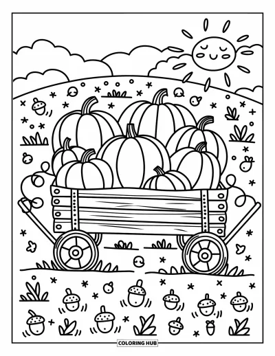 Coloriage de champs de citrouilles pour adultes : Un soleil bienveillant brille sur un chariot rempli de citrouilles et de jolis détails automnaux