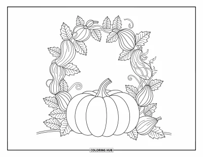 Coloriage de champs de citrouilles pour adultes : Une grande citrouille sous une arche feuillue composée de courges et de lianes tourbillonnantes