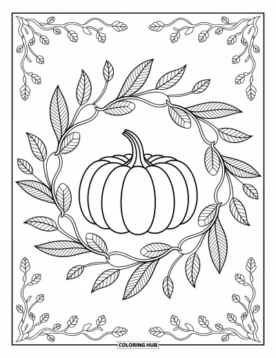 Coloriage de champs de citrouilles pour adultes : Une grande citrouille au centre d'un mandala tourbillonnant fait de lianes et de feuilles