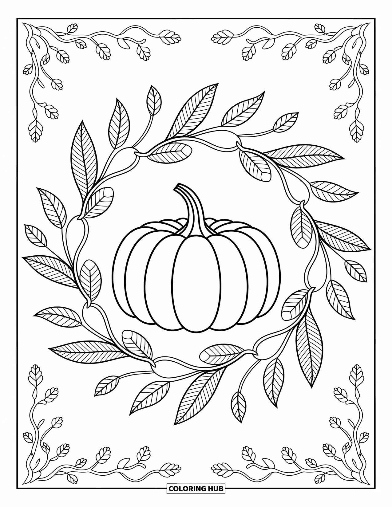 Pumpkin Patch Coloring Page for Adults: A large pumpkin sits in the center of a swirling mandala made of vines and leaves