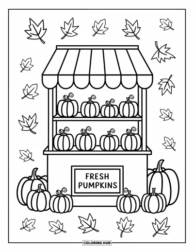 Coloriage de champs de citrouilles pour adultes : Un étal de marché présente des citrouilles empilées avec des panneaux et des feuilles éparpillées autour