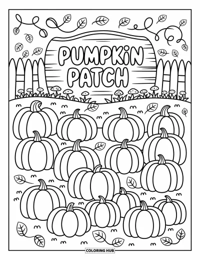 Coloriage de champs de citrouilles pour adultes : Un champs espiègle avec des citrouilles, des feuilles et un panneau joyeux qui invite à fêter l'automne