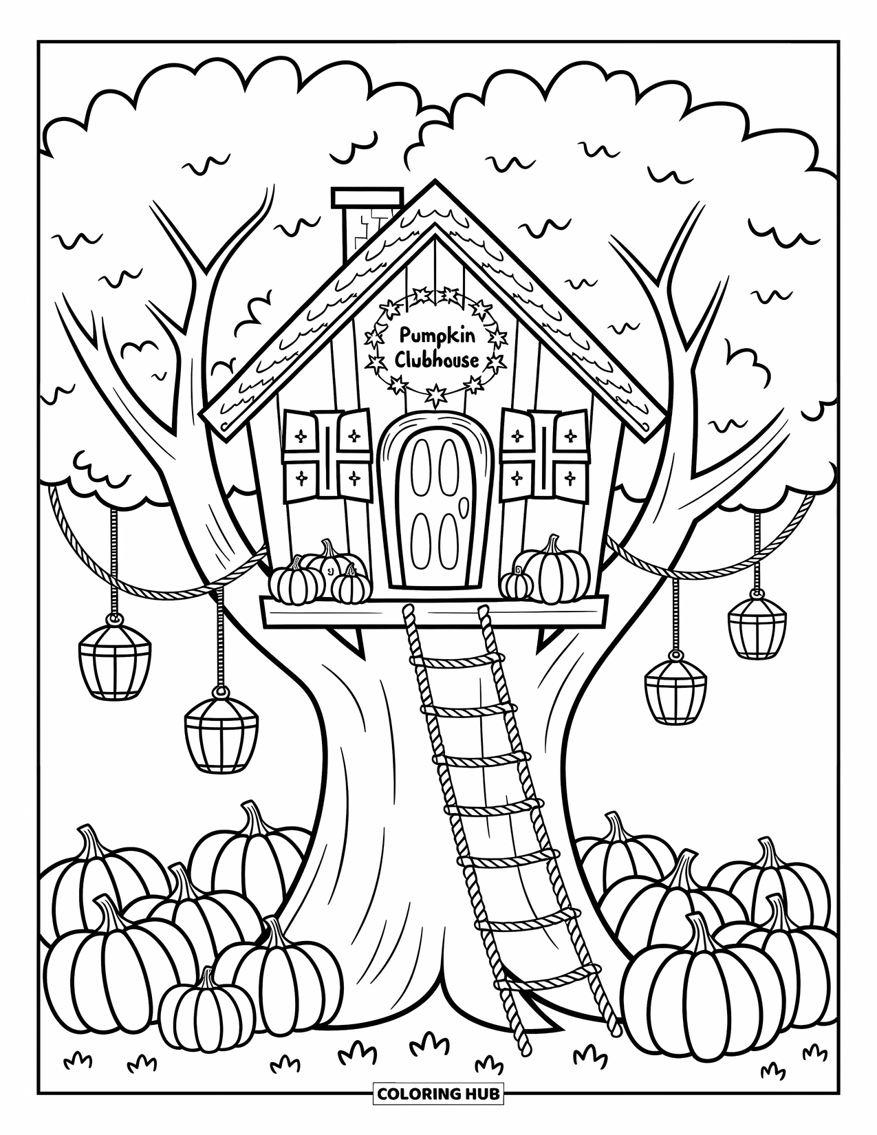 Pumpkin Patch Coloring Page for Adults: A playful treehouse stands over a patch with pumpkins and a sparkling clubhouse sign