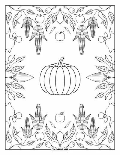 Coloriage de champs de citrouilles pour adultes : Une citrouille entourée d'épis de maïs, de pommes et de lianes feuillues dans une composition automnale