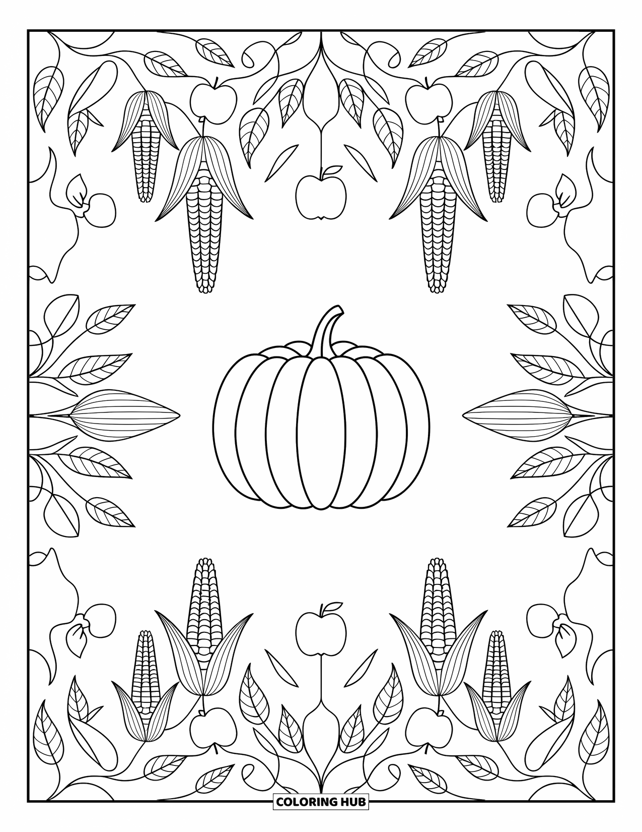 Pumpkin Patch Coloring Page for Adults: A pumpkin is surrounded by corn stalks, apples, and leafy vines in a fall arrangement