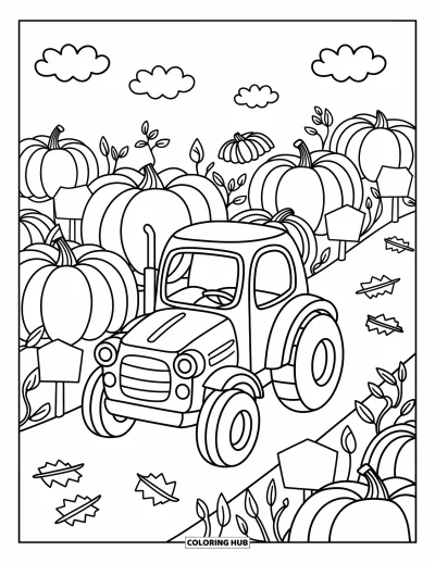 Coloriage de champs de citrouilles pour adultes : Un tracteur aux formes arrondies avance parmi des citrouilles, des panneaux et un sillage de feuilles tourbillonnantes