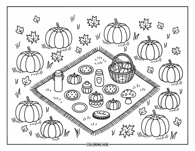 Coloriage de champs de citrouilles pour adultes : Un petit coin pique-nique avec des citrouilles et des gourmandises dans un paisible champs automnal