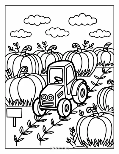 Coloriage de champs de citrouilles pour adultes : Un petit tracteur roule entre les rangées de citrouilles avec des panneaux, des lianes et des nuages duveteux