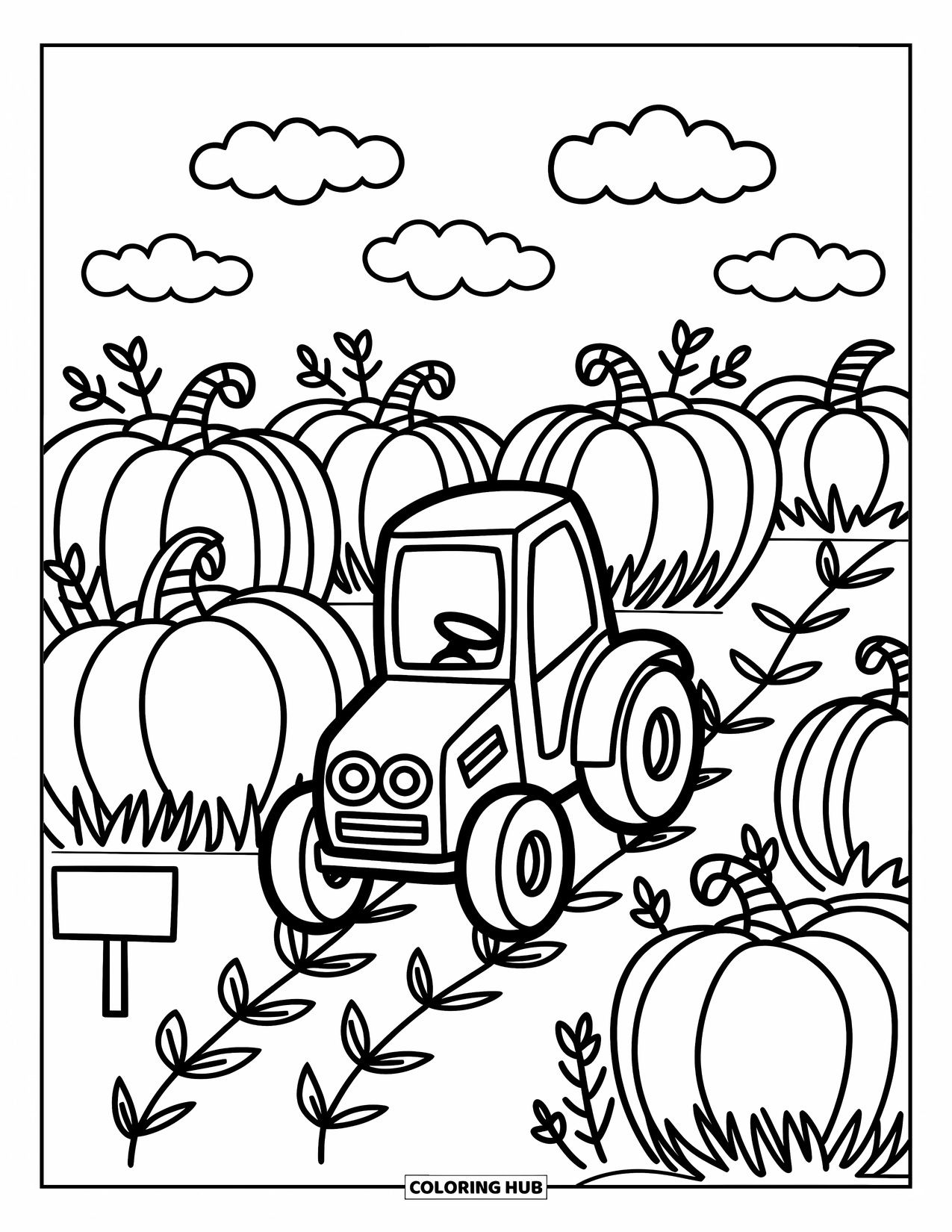 Pumpkin Patch Coloring Page for Adults: A tiny tractor drives through pumpkin rows with signs, vines, and fluffy clouds