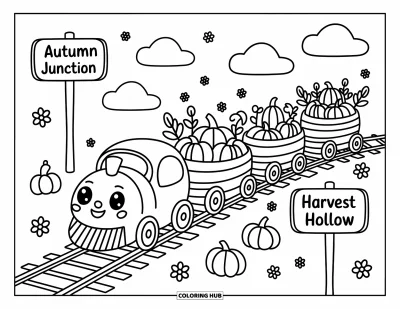Coloriage de champs de citrouilles pour adultes : Un petit train transporte des citrouilles à travers un coin paisible avec des nuages et des détails fleuris