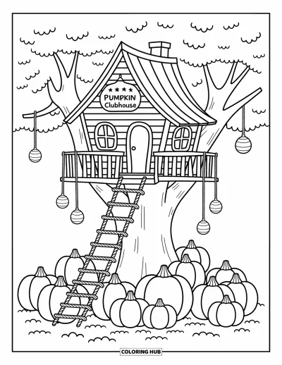 Coloriage de champs de citrouilles pour adultes : Une cabane dans les arbres s'élève au-dessus des citrouilles avec des lanternes et un panneau "Pumpkin Clubhouse"