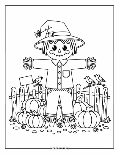Coloriage de champs de citrouilles pour adultes : De jolis corbeaux perchés près d'un épouvantail dans un champs de citrouilles souriantes et de panneaux