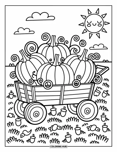 Coloriage de champs de citrouilles pour adultes : De mignonnes citrouilles voyagent dans un chariot avec des lianes, des bottes de foin et un soleil somnolent