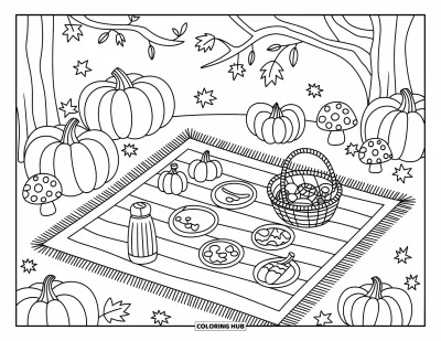 Coloriage de champs de citrouilles pour adultes : De petites citrouilles, des collations et des feuilles entourent un adorable pique-nique dans le champs